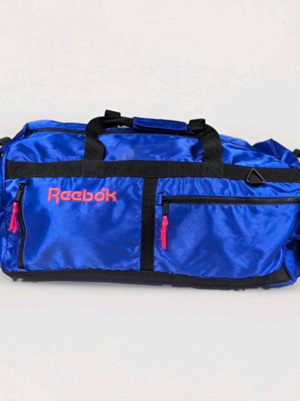 Reebok Vintage 90s Blue Duffel Bag Neon Pink Zippers Gym Travel Bag